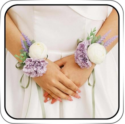 IYOU Bracelet Fleur Mauve Mariée Poignet Corsage avec Feuilles pour Mariage Bal de Promo - pour Femmes et Filles (2 pièces)