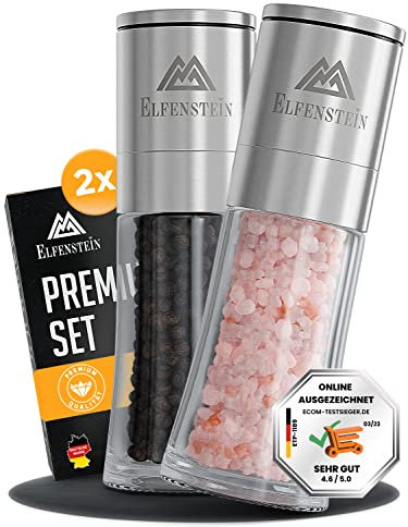 ELFENSTEIN Edelstahl Salz und Pfeffermühle Set mit Keramikmahlwerk - stufenlos einstellbar, Pfeffer und Salzmühle für grobes Salz, Gewürzmühle, Mühlenset (Silber M)