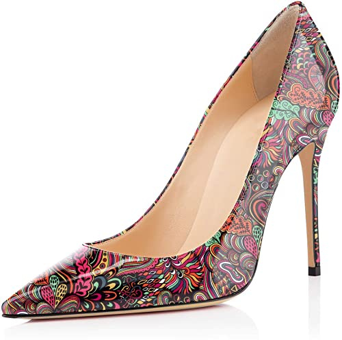 Elashe Kvinnors Stiletto Heel Slip on Pumps High Heel 10 cm 4 tum stängd tå spetsig tå i svart lackläder för bröllop brudfest och urban elegans, Röd blomma, 36 EU