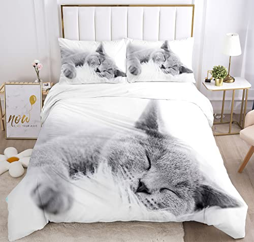 JEFFEL Set di Biancheria da Letto con Stampa di Gatto 3D, Copripiumino con Cerniera, Incluso 1 Copripiumino e 2 Federe, Biancheria da Letto per Ragazzi e Ragazze (200x200cm, Gatti -3)