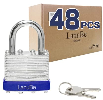 LanuBe Lock Laminated keyed Padlock (1-9/16, 40mm), keyed Alike Locks, Normal Shackle, Marked Blue Plastic Hoop, Pack of 48…