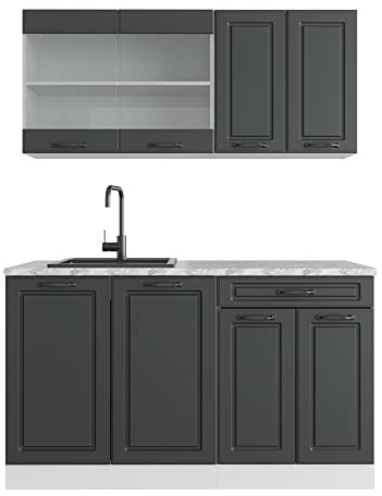 Vicco Singleküche R-Line, Anthrazit Landhaus, 140 cm | 4 Module · Höhenverstellbare Füße · Ohne Arbeitsplatte · MDF-Fronten · Mit Glasschrank · Frei kombinierbar