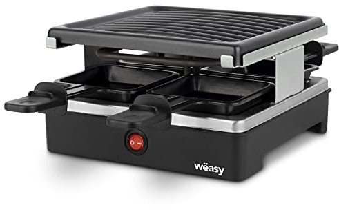 Wëasy LUGA40 Raclette Grill 4 Personas, Superficie de 30x30cm, 6 Sartenes Individuales, Placa Antiadherente, Apto para Lavavajillas, Negro, 600 W