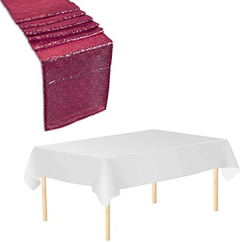 Trimming Shop Ensemble de Chemin de Table, 1 Nappe de Table jetable Blanche en et 1 Chemin de Table à Paillettes Fuchsia de 27,9 x 274,3 cm