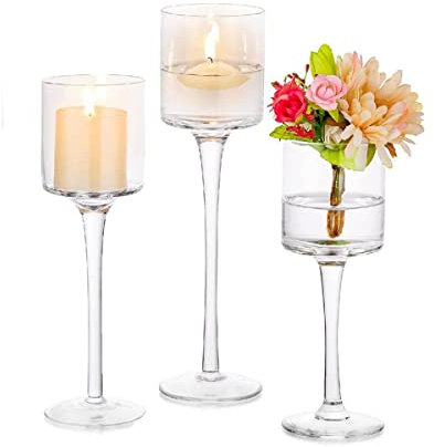 LANMOU Glas Kerzenhalter Kerzenständer hoch 3er Set für Säule Kerzen und Schwimmkerzen, Klarglas Vasen Teelicht Halter für Wohnzimmer Esstisch Weihnachtsdeko Deko (Gift Box + 3 Pillar Candles)