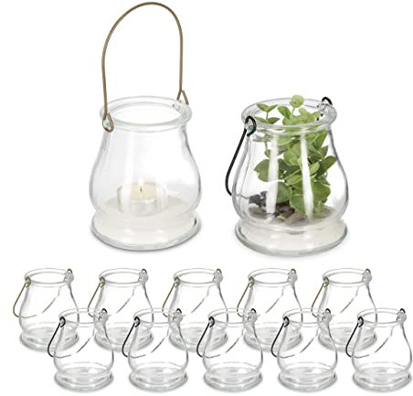 Relaxdays Windlicht, 12er Set, Glas, goldene & Schwarze Henkel, innen & außen, Teelichthalter, 10 x 8,5 cm, transparent