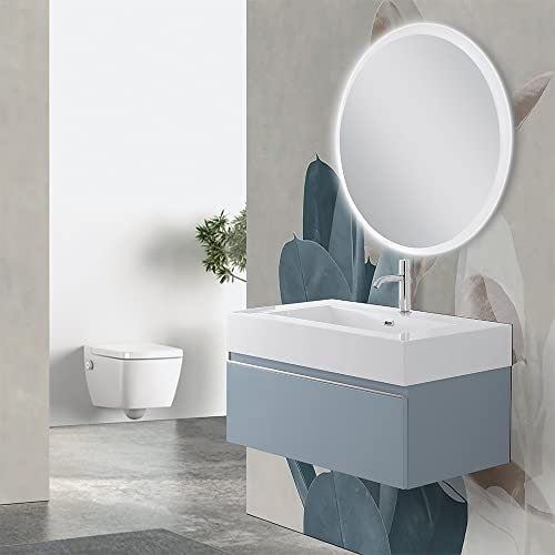 Inbagno Mobile bagno sospeso 80 cm blu pastello opaco chiusura soft-close, con lavabo sospeso in resina 80 cm e specchio tondo retroilluminato LED 70 cm