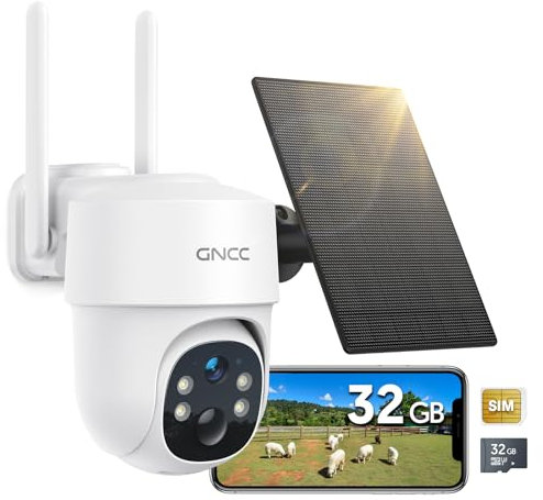 GNCC No WiFi Security Camera, 4G CCTV Camera with Sim Card, 4G Camera Wireless Outdoor, 2K HD, Solar Powered, Night Vision, Spotlight, Local Recording, 2-Way Audio, PIR Motion, Includes 32GB SD Card