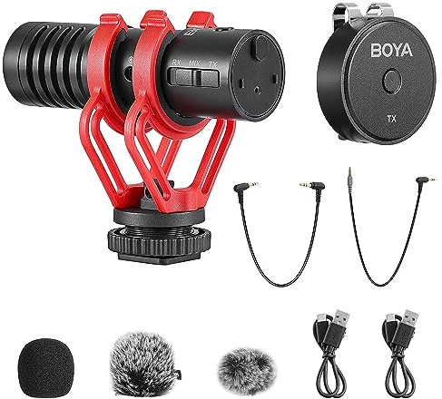 BOYA BY-MM1W Kameramikrofon Drahtloses/Kabelgebundenes externes Shotgun-Mikrofon mit 3 Richtcharakteristik für DSLR/iPhone/Telefon, YouTube-Aufnahme, Interview-Stream (1 TX+1 RX)