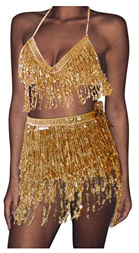 Bauchtanz Outfits für Frauen Mädchen Rave Tops + Rock Pailletten Quasten Fransenrock Metallic Holografisches BH Oberteil Set für Karneval Festival Tanz Clubwear Party Kostüm Zweiteiliges Set