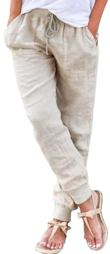 CheChury Pantalones Mujer Casuales de Lino y Algodón para Verano y Playa con Cordón y Bolsillos Ligeros y Cómodos para Uso Diario en el Hogar