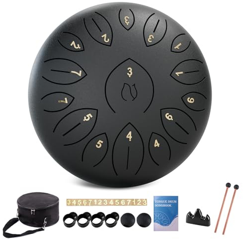 Stahlzungentrommel 12 Zoll 15 Töne, Stahltrommeln für Kinder und Erwachsene, Handpan-Trommel mit Notenbuch, Trommelschlägeln und Tragetasche, Handpan C-Dur, Schwarz