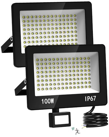 HAPYLUMI LED Strahler 100W mit Bewegungsmelder, 2 Stück 10000LM Superhell Außenstrahler 6500K Kaltweiß, IP67 Wasserdicht LED Scheinwerfer Fluter für Garten, Innenhöfe, Garage, Fahrbahn