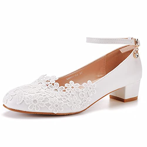 Pumps mit niedrigem Absatz für Damen, Bequeme Abendschuhe mit geschlossener Spitze und Blockabsatz, für Hochzeiten, Partys, Büroarbeiten, formelle Anlässe,Weiß,39 EU