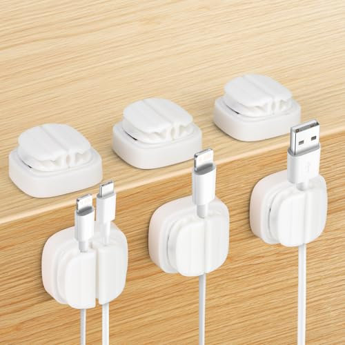 6pz Organizer per Cavi, Molla Regolabile Fermacavi Organizzatori per Cavi 3 in 1 Fermacavo Adesivo per Caricabatterie Cavo USB Cavo di Casa Ufficio Auto Parete Telefono da Scrivania (Bianco)