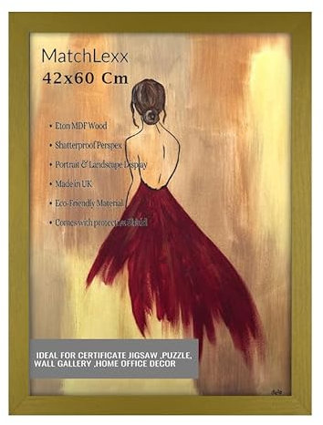 MatchLexx® Flat Profile Gold Hand crafted | Large Poster Picture Frame 42x60cm picture Frame | MDF Wooden Frames Jigsaw Puzzle Frames For Home Livingroom & Office