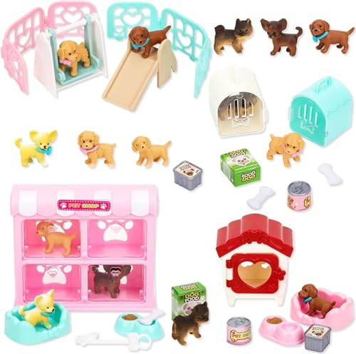 27 Stück Hund Puppenhaus Zubehör, Realistische Hundefiguren Spielzeugset mit Mini Hundefiguren, Hundehütte, Hundebett, Hundenapf, Hundekäfig, Hundefutter für Miniatur Garten Deko