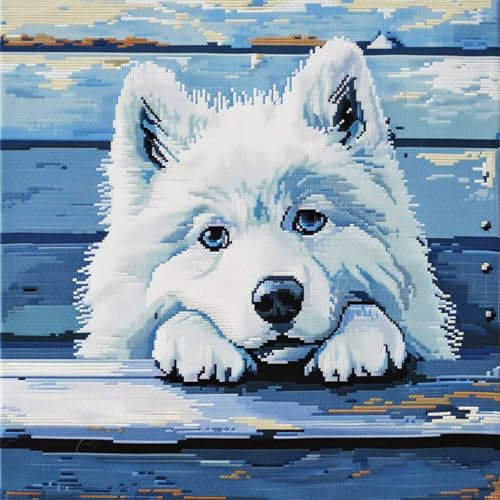 RKFLGEW DIY knüpfen set erwachsene samojede hund tier knüpfkissen set Cartoon-Hund Kissenbezug zum Selbermachen für Anfänger und Erwachsene，Geschenke für Familie，Freunde，Handarbeiten，Basteln， 43x43cm