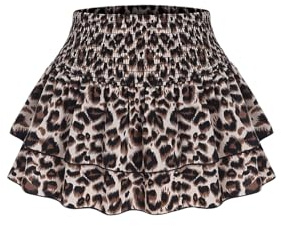 GORGLITTER Women's Leopard Print Layer Ruffle Hem Smocked Skirts A Line Flared Mini Skirt Brown M