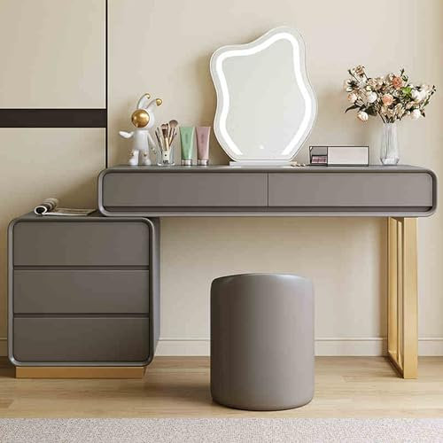 Ernqi Schminktisch Mit Spiegel Und Beleuchtung, Stuhl, Schublade Aus Weichem Samt, Leise Gleitschiene, Links Und Rechts Austauschbar, Ausziehbarer Lagerschrank, Fürs Schlafzimmer (Dark Gray,C_31.5IN)