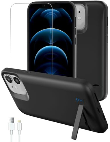 Gladgogo Akku Hülle für iPhone 12/12 Pro (8500 mAh, 6,1Zoll), Ultra-schlanke Akkuhülle Wiederaufladbar Batterie mit Handyhalter und Schutzfolie, Tragbares Batterieladegerät Hülle, Schwarz