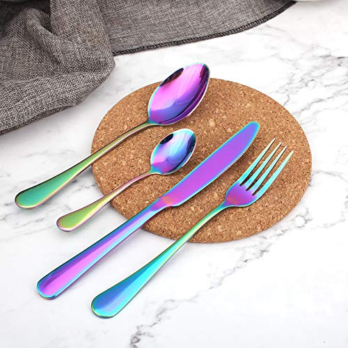 EVERGD 16PCS Colorful Stainless Steel Cutlery Set Knife Fork Spoon Teaspoon | Rainbow Flatware Set with Iridescent Finish Dinner Knives Forks Spoons Service for 4 Dishwasher Safe Tableware for Home Party