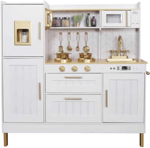 Leomark Kinderküche aus Holz Große Gold Spielküche Holzküche mit Zubehör Spielzeugküche für Kinder Küchenspielzeug ab 3 Jahren Spielspaß für Jungen und Mädchen Küchenset