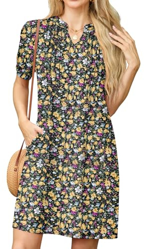 GRECERELLE Damklänningar sommar ledig kort ärm v-ringad shift-klänning för dam dam T-shirt klänning med fickor, Svart med gul blomma, L