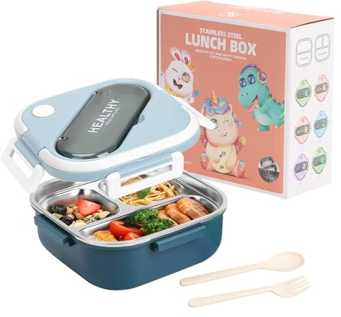 BigKing Portapranzo Bento Box, Contenitore Pranzo, Scatola per il Pranzo Sigillata in Acciaio Inossidabile a Prova di Perdite Scatola da Pranzo dei Colori Contrastanti e Stili Semplici (Blu)