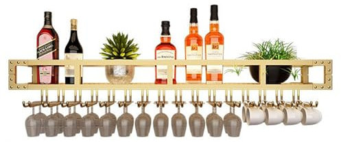 Modern LED Wine Rack with Glass Shelf Wall Mounted Wine Bottle Holder and Glassware Storage Cabinet Bar Shelves with Built in Wine Glass Rack Stylish Drinks Display Shelf