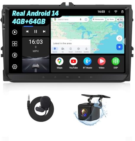 Eonon 9 inch Android 14 Car Stereo for Volkswagen SEAT Skoda Polo VWX7A | 4+64GB CarPlay Android Auto MirrorLink Bluetooth USB for Golf V/VI T5 support Video Output OBDII DAB+ Backup Camera Headunit
