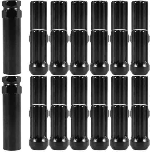 Asyduey M14X1.5 ÉCrous de Roue, 24 PièCes 14Mmx1.5 7 Spline Drive Awl Cone ÉCrous de Roue 2 Pouces de Long Noir avec 2 CléS à Douille