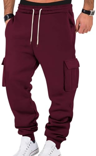 WINKEEY Pantaloni Tuta Uomo Pantaloni Sportivi Uomo con Tasche Pantaloni Casual a Vita Elastica,Vino Rosso M