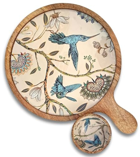 Hartsmede Serving Paddle Tray with Bowl – 12 Handmade Mango Wood Charcuterie Board with Floral Enamel Pattern, Rustic Cheese Fruit Snack Serving Board for Parties or Housewarming Gift – Hummingbird