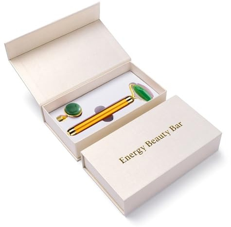 2-in-1 elektrisch vibrierender natürlicher Rosenquarz-Jade-Roller, Gesichtslifting-Kristall-Jade-Stein, Gesichtsroller, Schönheitsmassagegerät(Gold-with Box)