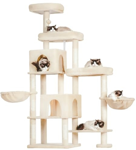 Hey-brother 180 cm XXL Kratzbaum, mit Erweiterung Platz, stabil, MPJ038M | Katzenbaum mit 3 gemütlichen Plattformen, 3 Grosse Höhle und 2 Korbn, geeignet für Mehrkatzenhaushalte, Beige