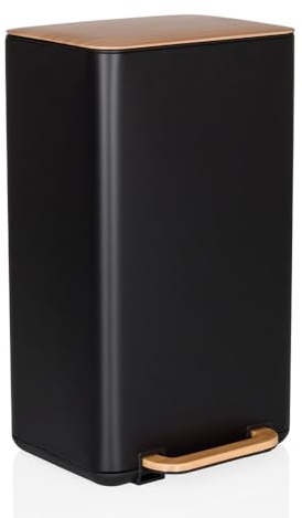 hjh OFFICE Mülleimer Küche, 30 Liter CLEAN NATURA Softclose Abfalleimer aus Metall, Tretmülleimer mit Inneneimer, Schwarz/Walnuss