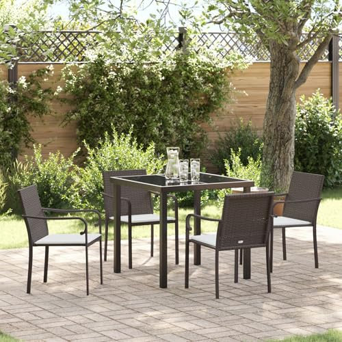 Gecheer 5-teiliges Garten Essgruppe 4 Personen, Gartenmöbel Set, Tisch und Stuhl mit Kissen, Terassenmöbel, Gartengarnitur für Garten Terrasse, in Braun aus Poly-Rattan