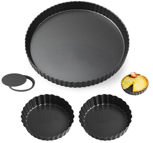 ORARTMM Lot de 4 moules à tarte avec fond amovible et moule à quiche - 2 x 10 cm + 24 cm + 28 cm - Revêtement antiadhésif - Moule à tarte aux fruits pour quiche, tarte, tarte, pâtisseries de Noël