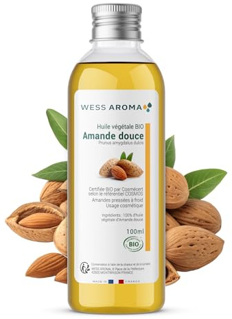 Olio vegetale biologico di mandorla dolce, 100 ml, idrata la pelle e restituisce lucentezza ai capelli, certificato COSMOS, senza conservanti, pratiche agricole sostenibili, azienda francese