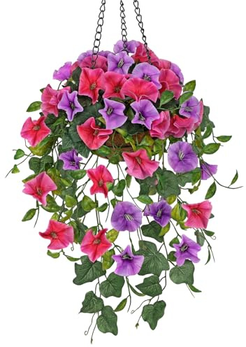 Briful Hanging Basket Artificial Flowers Morning Glory, 15.7 Artificial Hanging Plants Silk Flowers Fake Flowers for Living Room Bathroom Garden Decor