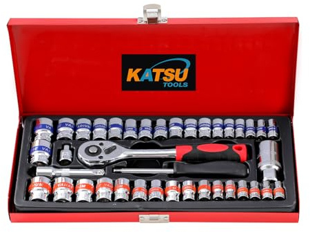 KATSU Tools Juego de 40 llaves de vaso de 1/10.2 cm y 3/20.3 cm - CR-V, tamaño de 3/16 a 3/4 pulgadas y tamaño métrico de 4.5-19 mm, llave de trinquete de 24 dientes, funda de transporte de acero