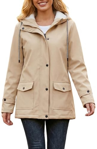 chiguomaoyi Mujeres Chaquetas impermeables al aire libre Softshell Chaqueta con capucha Windbreak Impermeable para el otoño invierno (Caqui,3XL)