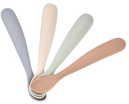BÉABA 4er-Set Silikon-Babylöffel ab 4 Monaten – Weich, Abgerundete Spitze, Langer Ergonomischer Griff, Staubabweisendes Finish, Antihaft-Silikon – Farbe Natural