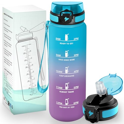 HoneyHolly Botella Agua 1,5L, Libre de BPA & Reutilizable, Cantimplora con Paja, con Marcador de Tiempo, Botella de Agua Deportiva, Prueba de Fugas, Cantimplora para Escuela, Senderismo, Fitness