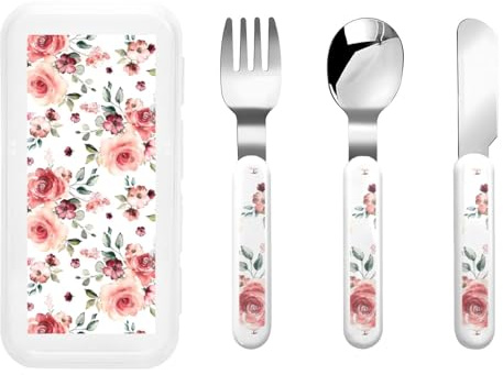 Blossoming Rose Flowers Print Stainless Knife Fork Spoon 3-Piece Set,Flatware Cutlery Set with Storage Case