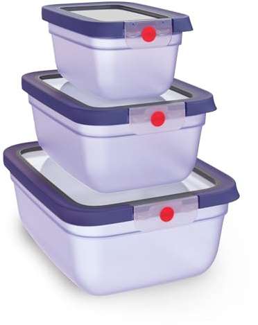 EMSA oneClick, Vorratsdosen, One-Click-System, Hält Lebensmittel 2x länger frisch, 100% auslaufsicher, Made in Germany, Violett, 3-teiliges Space Saving Plus Set, 0,75 L/1,50 L/3,0 L, N1231900