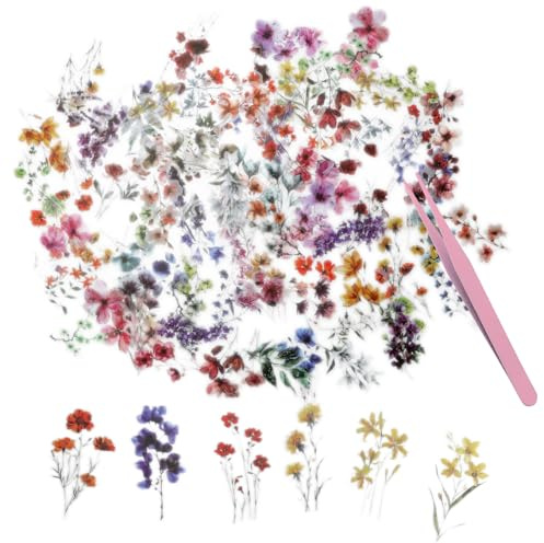 LOLANIUT 200 Piezas Pegatinas de Flores, Pegatinas Florales Autoadhesivas de PET Transparentes, Stickers Decorativas Vintage con Flores y Plantas para Álbumes de Recortes, Portátiles y Adultos