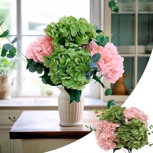 KP HOME Ramo de Hortensias Artificiales con Acabado Realista, Grande 50 cm – Set de 4 Flores Artificiales Decoracion Verde y Rosa + 2 Ramas de Eucalipto para Hogar, Boda, Fiesta, Oficina