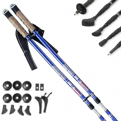 Mucola Nordic Walking Stöcke Wanderstöcke Teleskop 65–135 cm Aluminium | 2er Set mit Antishock-Dämpfung, Wolframstahlspitze, inkl. 12 Aufsätzen, höhenverstellbar, für Trekking und Fitness